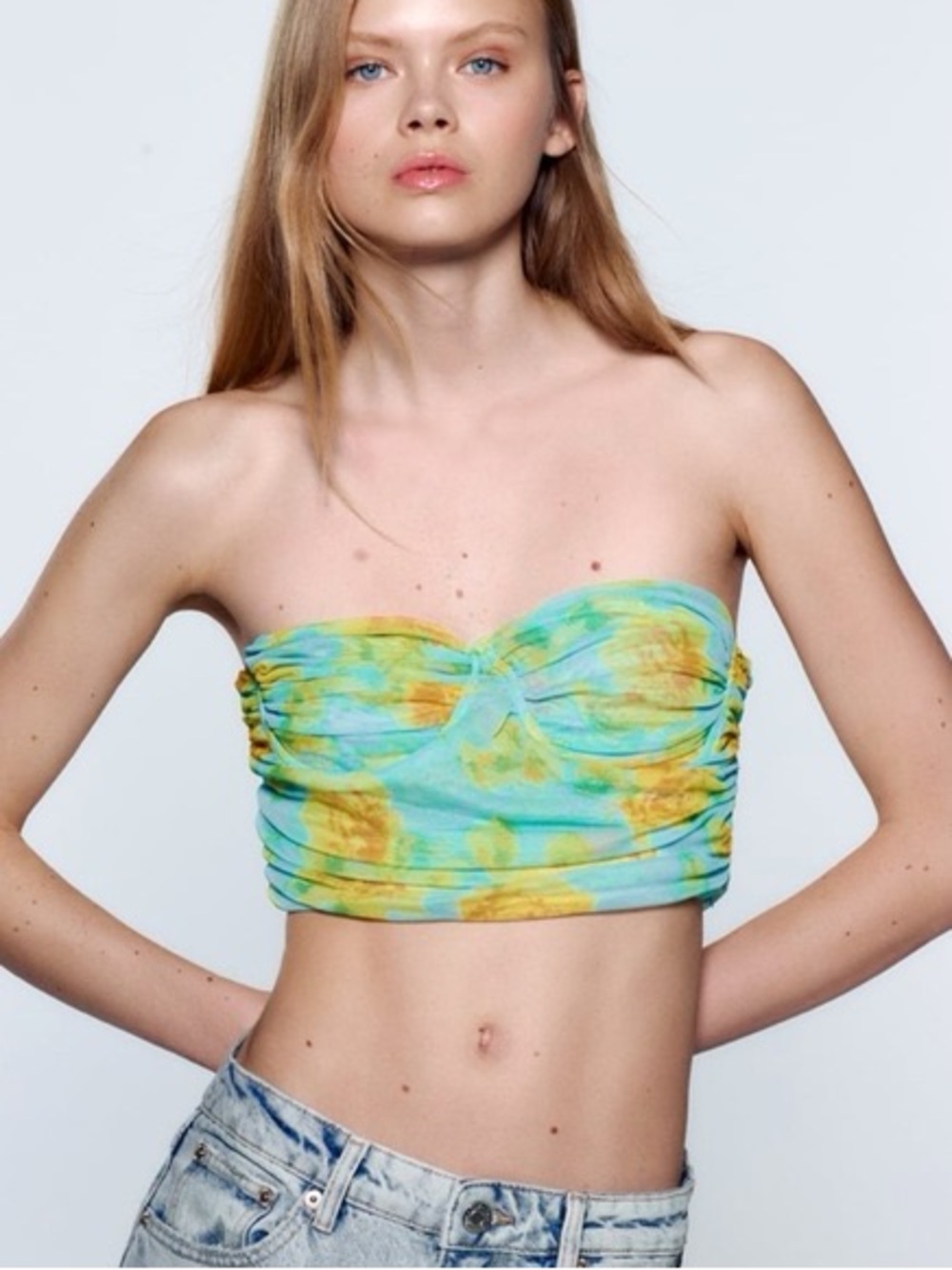 Zara Aqua and Yellow Tie-Dye Strapless Bandeau